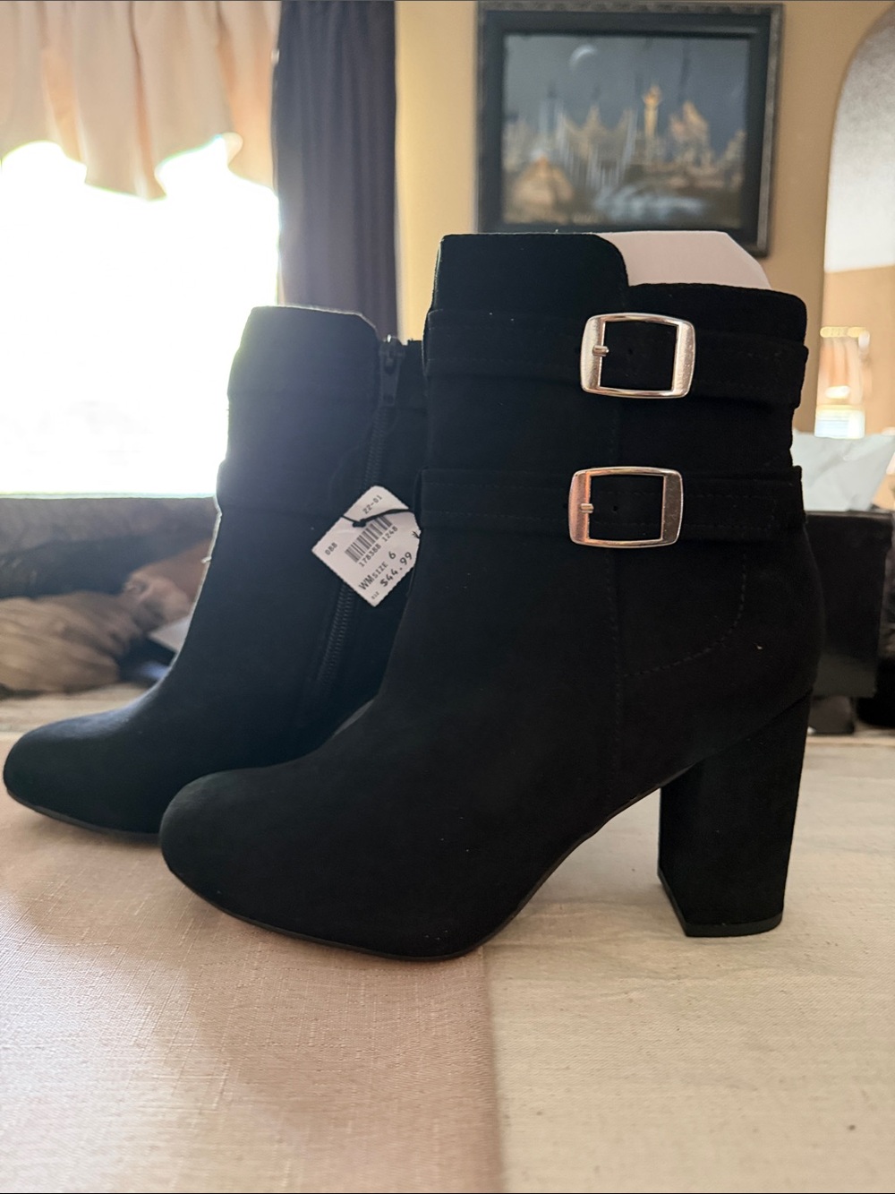 Christian Siriano Black Suede Buckle Block Heel Ankle Boots